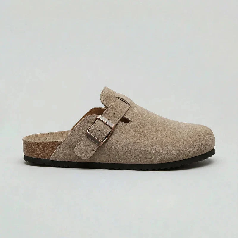 Clogs in Velourslederoptik mit Schnalle